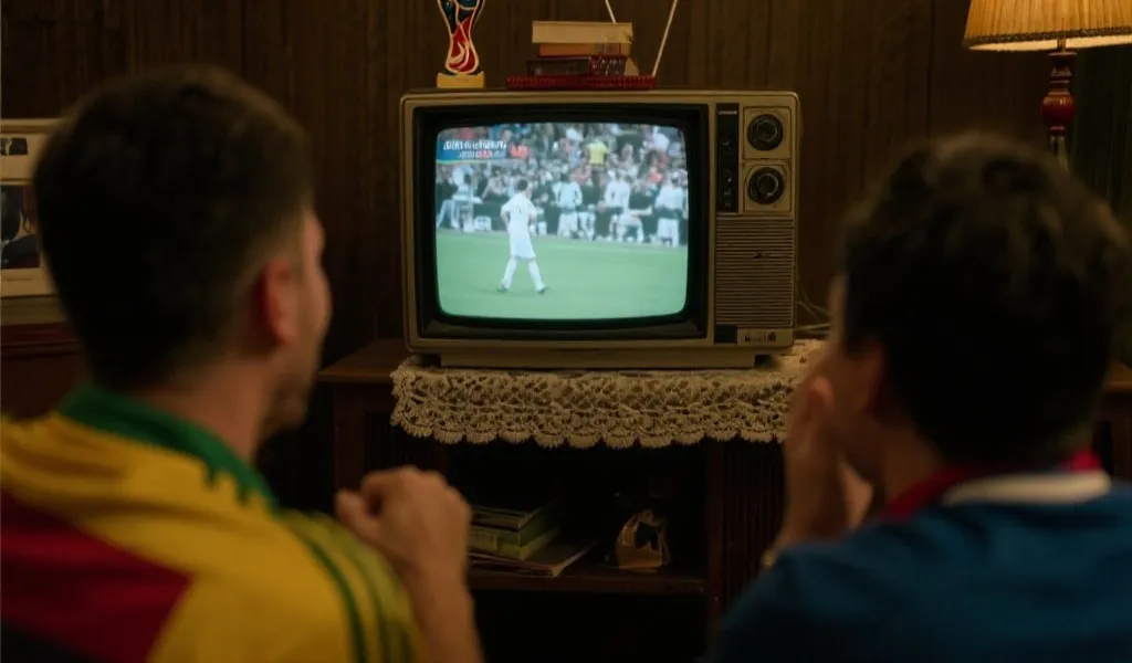 老球迷在电视前重温世界杯经典画面